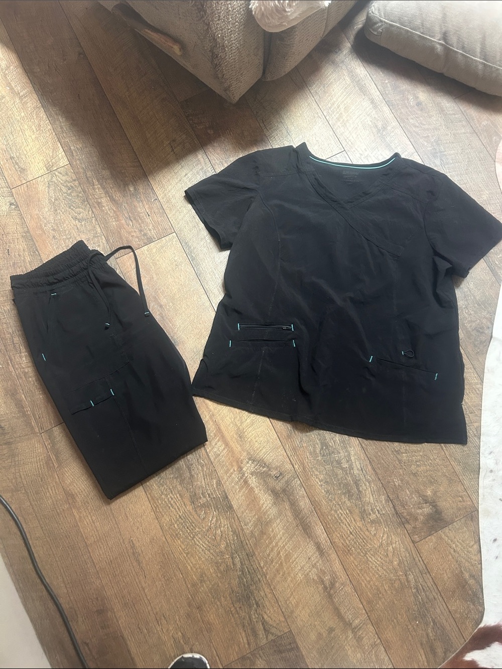 J.B.S. Black Scrub Top and Pants Set with Teal Accents